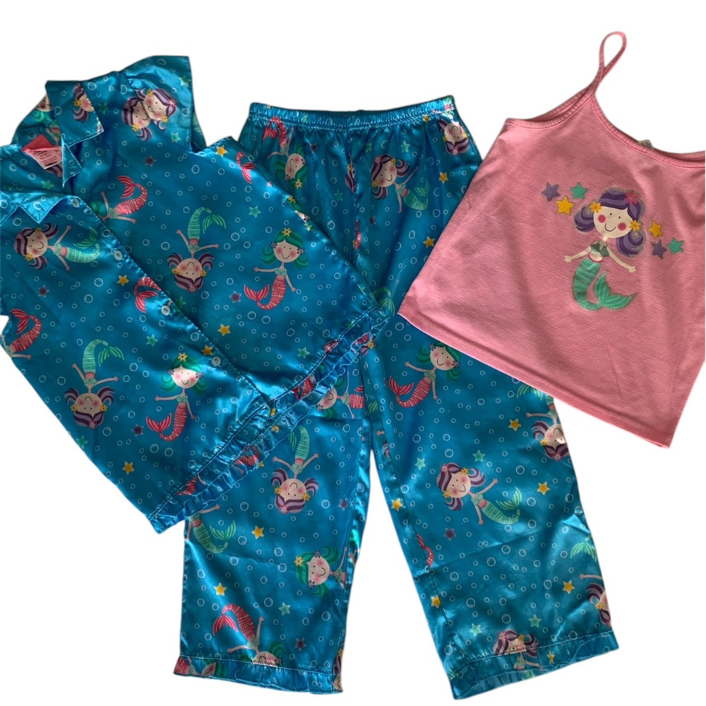 J. Khaki Mermaid Pajama Set Girls Size L (10-12) Pink Blue 3 Pieces Silky